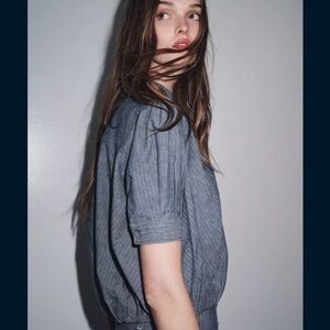 Zara Pleated Denim Puff Shirt Size Small Black Label